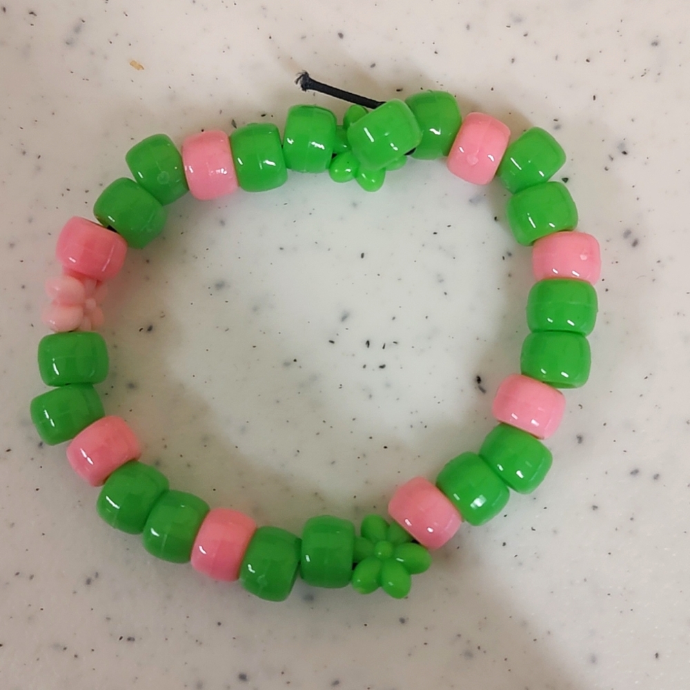 Green and Pink Flower Ponybead Bracelet